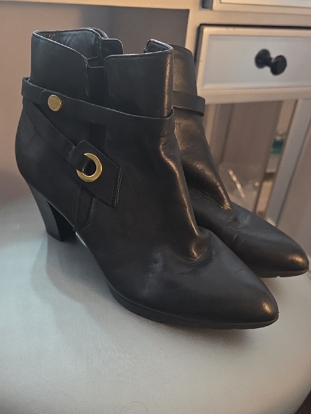 Anne Klein Black Leather Pointed Toe Ankle Booties with Gold Accent